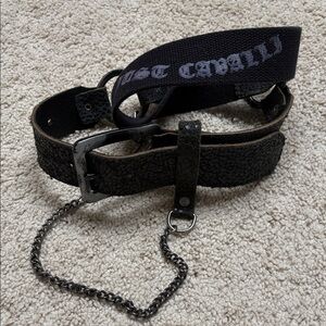 Roberto Cavalli Black Textured Leather Belt with Chain and Webbing Strap